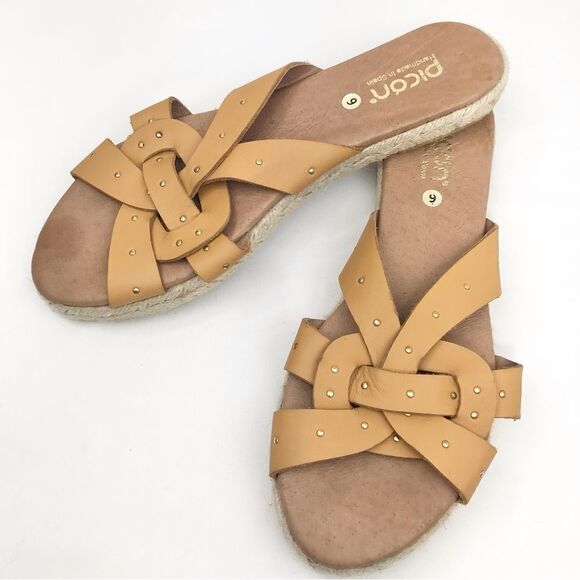 Picon Golden Brown Leather Strappy Espadrille Slide Sandals - Picture 3 of 13